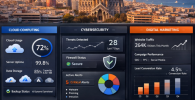 Barcelona skyline with IT service elements