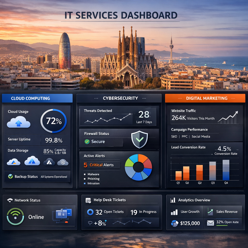 Barcelona skyline with IT service elements